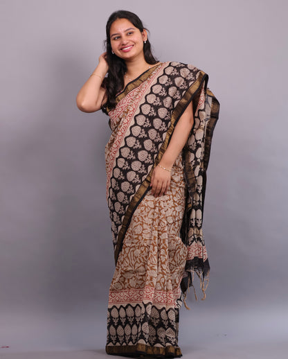 Bagru Hand Block Printed Maheswari Silk Cotton Saree