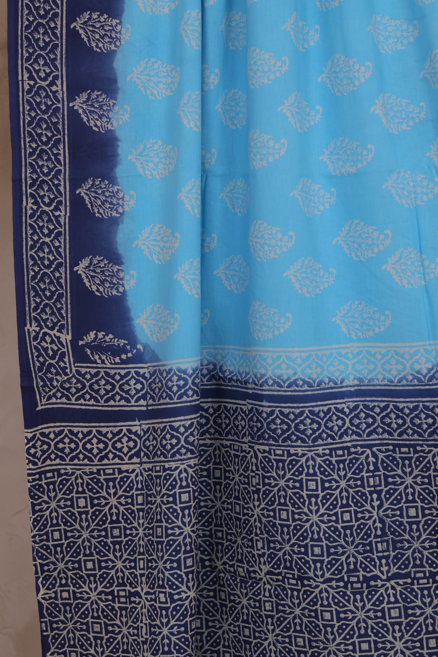 Blue Bagru Handblock printed MulMul cotton saree | Looms & Tassels