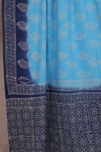 Blue Bagru Handblock printed MulMul cotton saree | Looms & Tassels