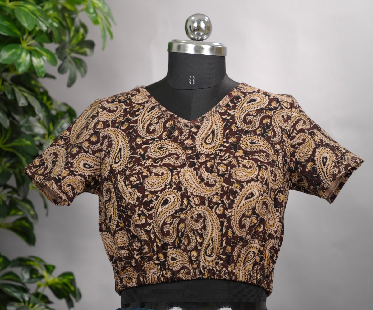 Maroon V Neck Stretchable Hand block printed kalamkari blouse (small hands)  | Looms & Tassels