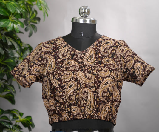 Maroon V Neck Stretchable Hand block printed kalamkari blouse (small hands)  | Looms & Tassels
