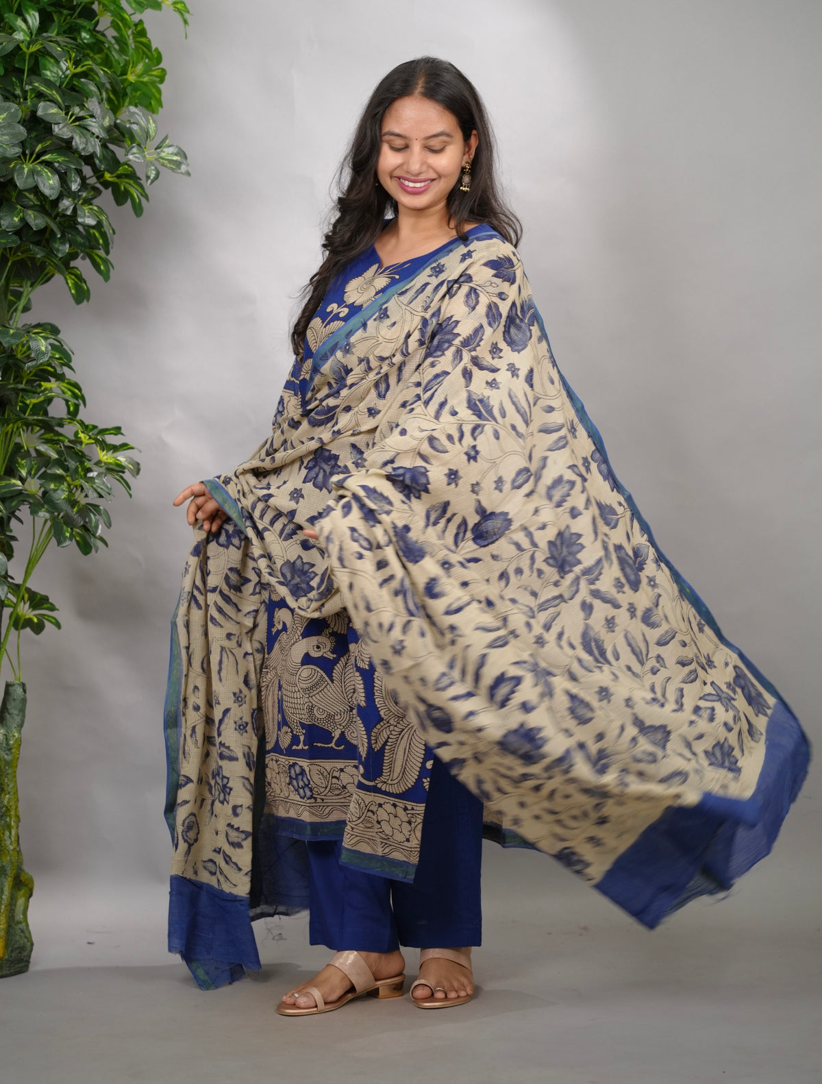 Blue Kalamkari Kota Cotton 3 piece suit (stitched) | Looms & Tassels