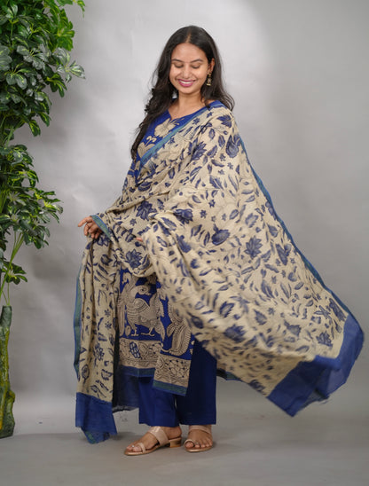 Blue Kalamkari Kota Cotton 3 piece suit (stitched) | Looms & Tassels