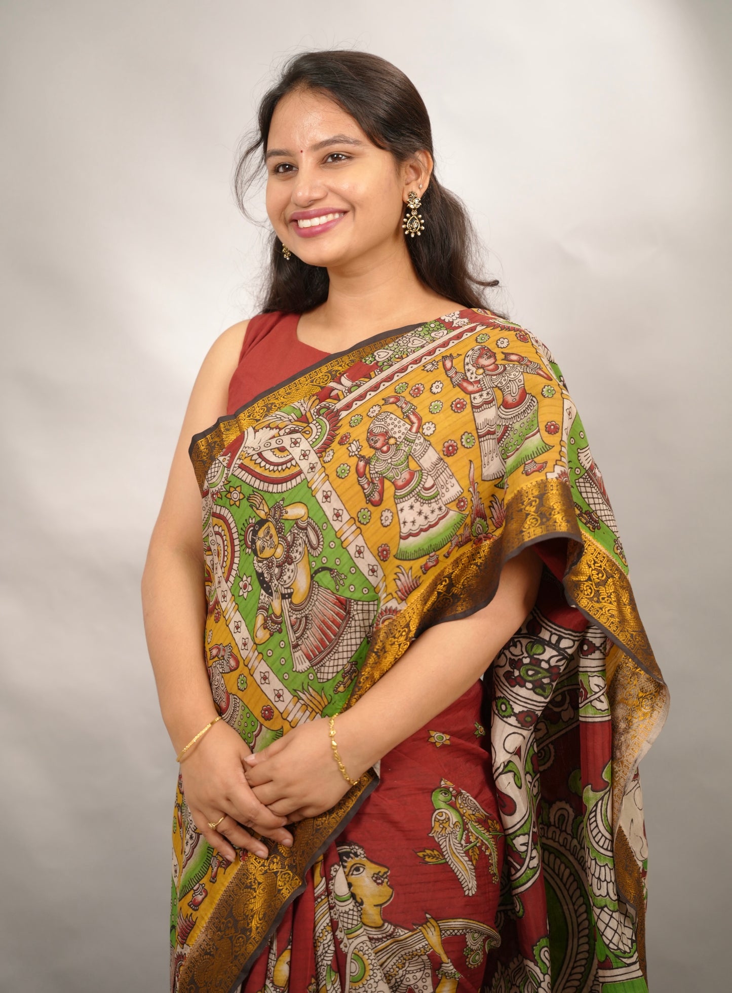 Red Kanchi border Kalamkari chennur silk saree