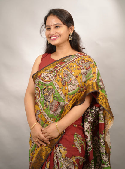 Red Kanchi border Kalamkari chennur silk saree