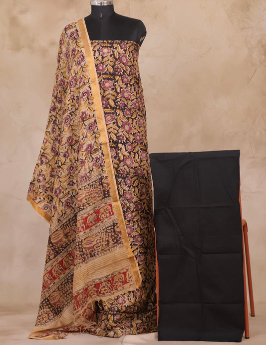Hand Block Printed Kalamkari Unstitched 3pc Suit Set