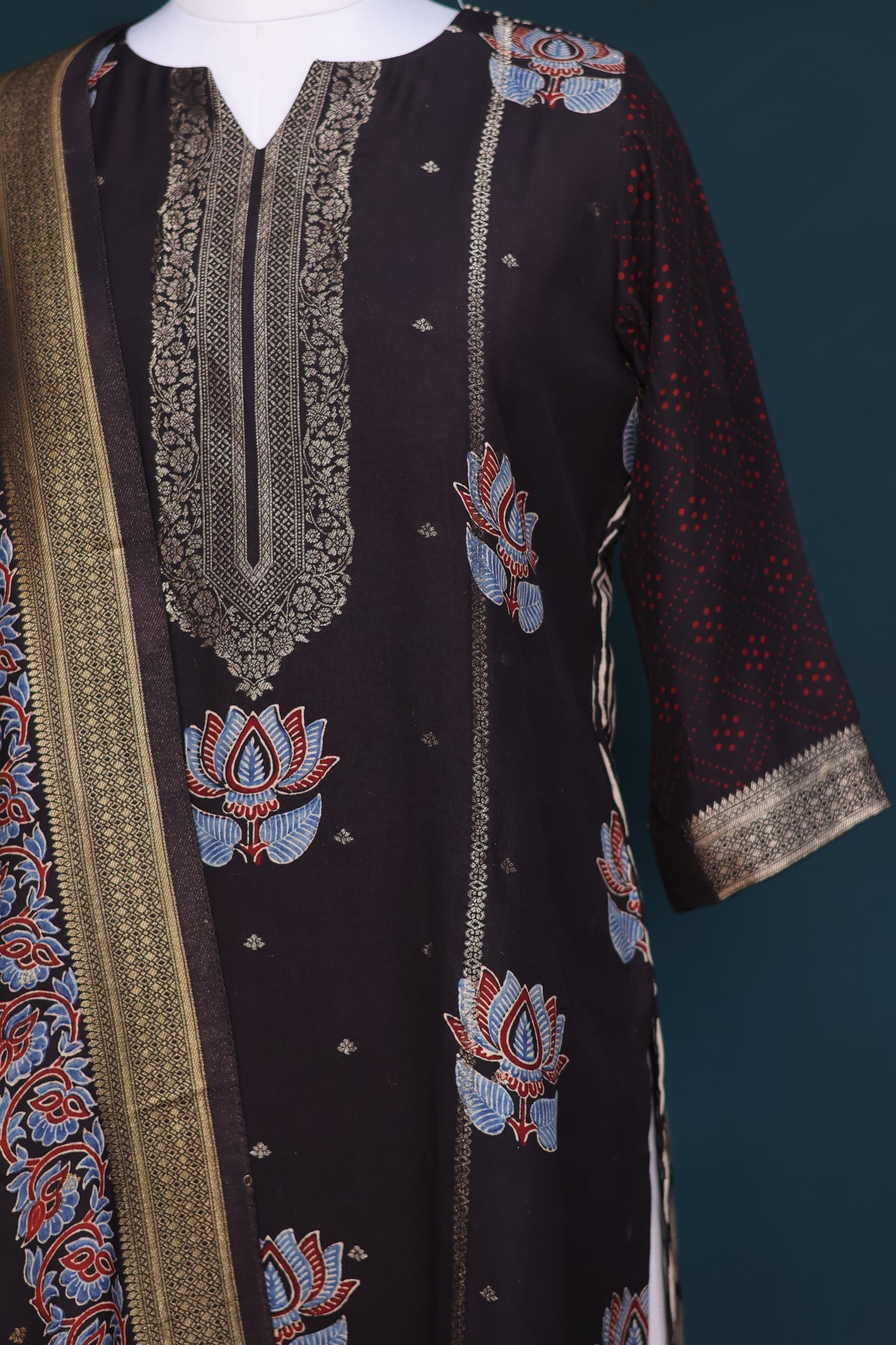Black Handblock printed Ajrakh dola silk 2 piece suit (stitch