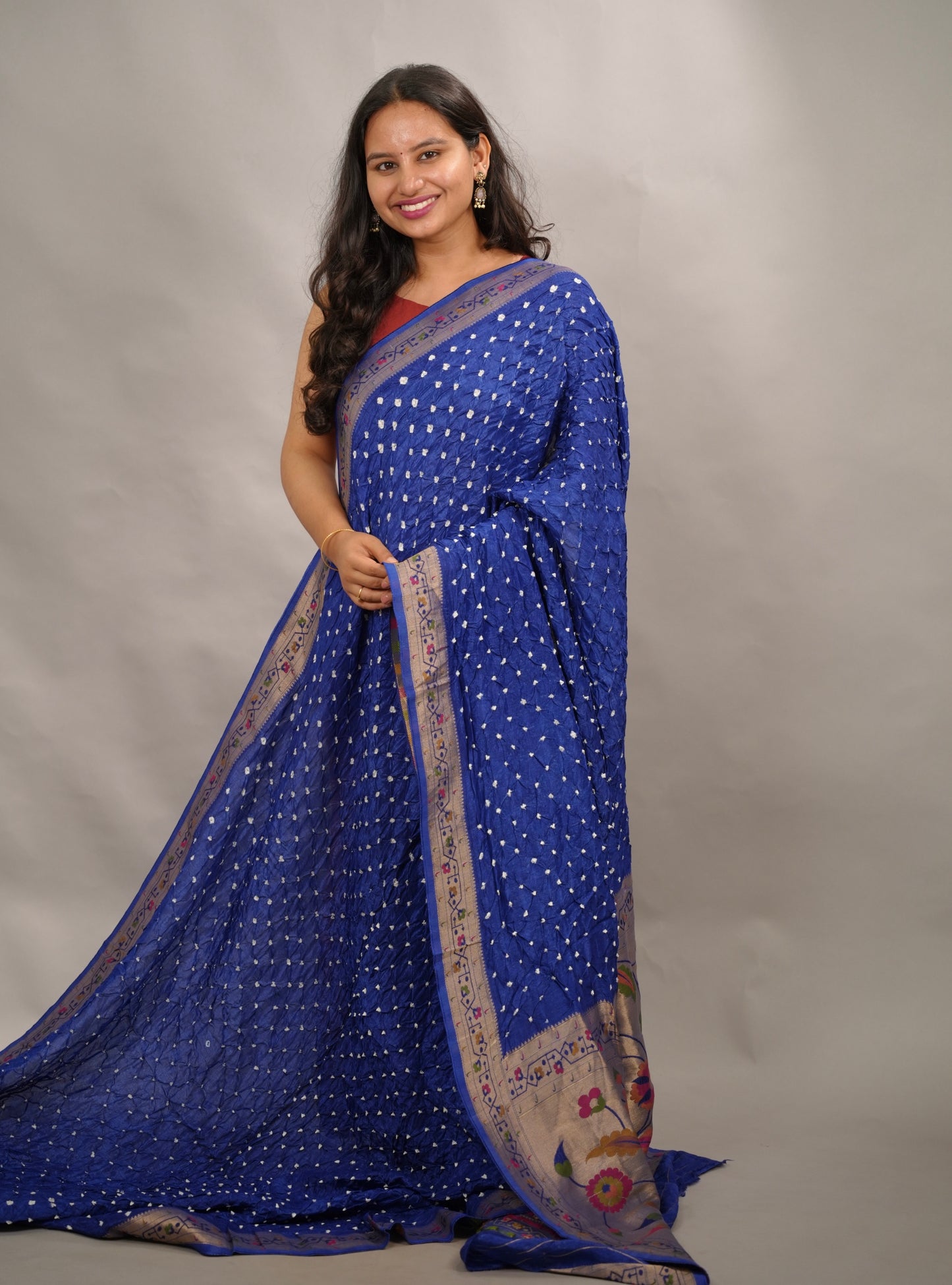 Blue Handcrafted Bandhani Paithani Dola Silk Saree | Looms & Tassels