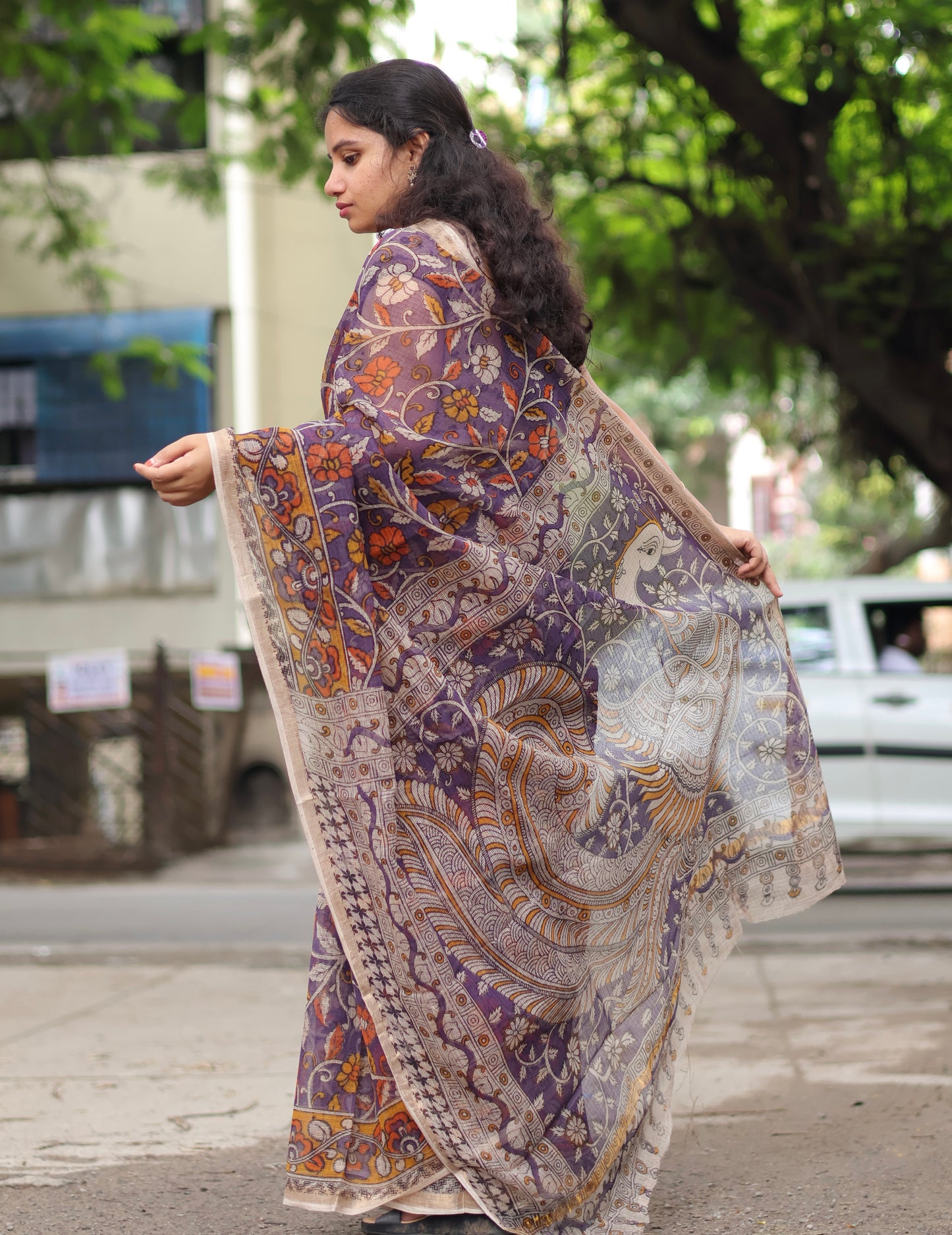Lavender Kalamkari printed Kota Doriya Saree