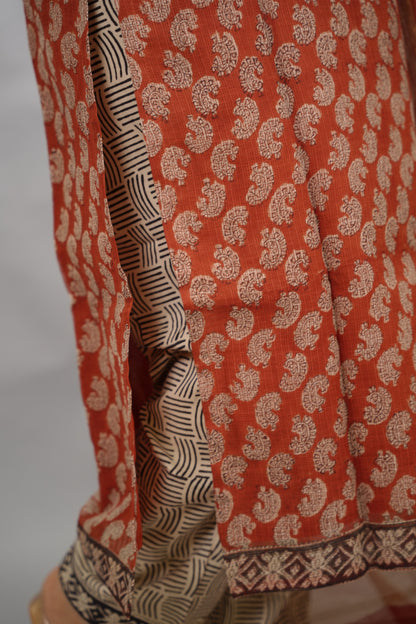 Maroon Handblock printed kota 3 piece suit (stitched)