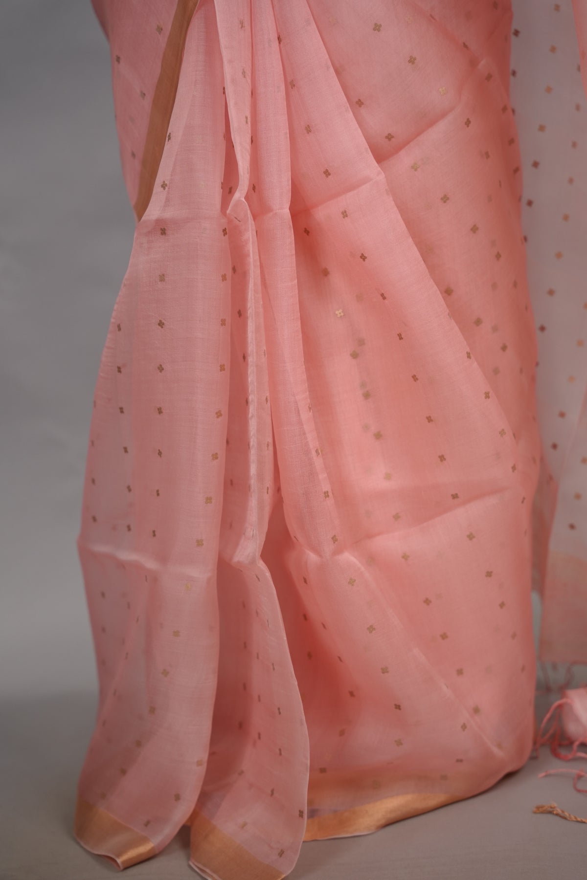 Peach Handwoven Muslin Silk Saree With Sequence Work | Looms & Tassels