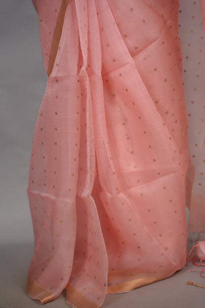 Peach Handwoven Muslin Silk Saree With Sequence Work | Looms & Tassels