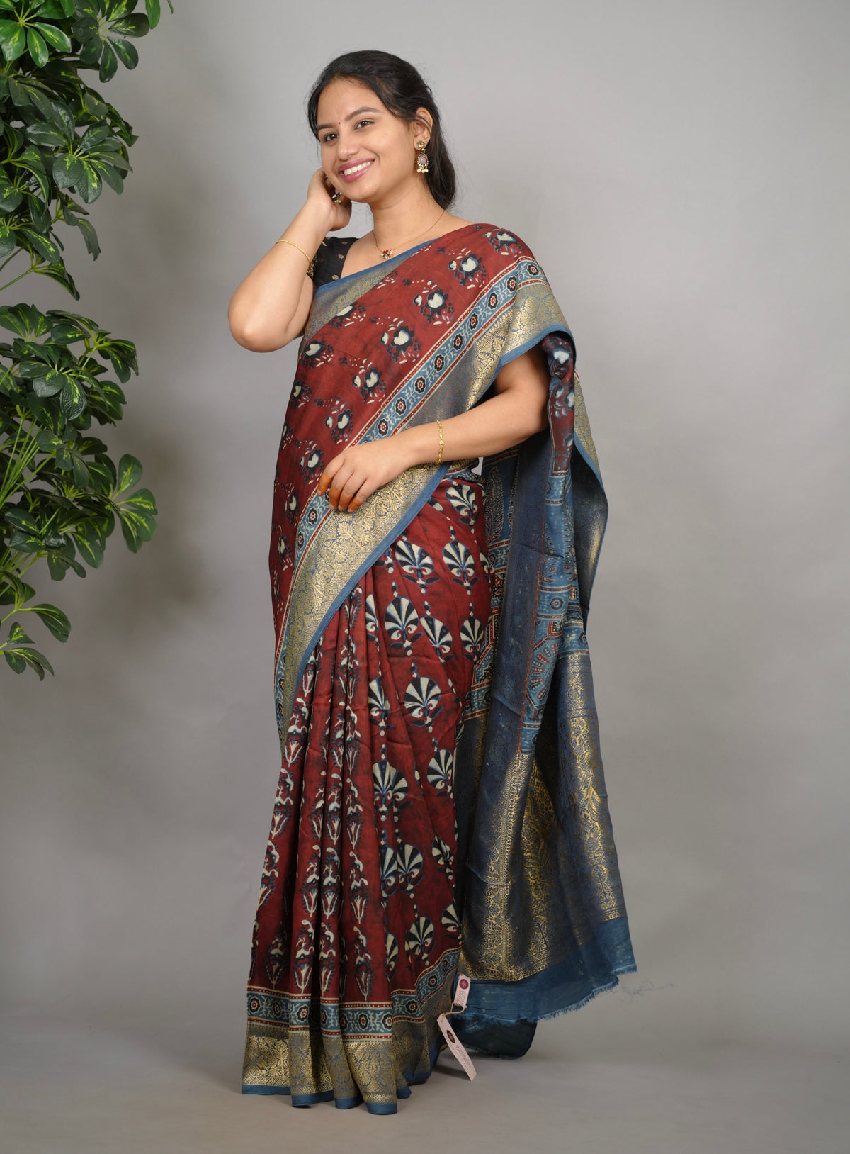 Ajrakh Dola Silk Saree - Brick Red | Looms & Tassels