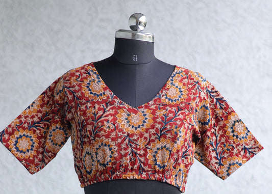 V Neck Stretchable Hand block printed kalamkari blouse
