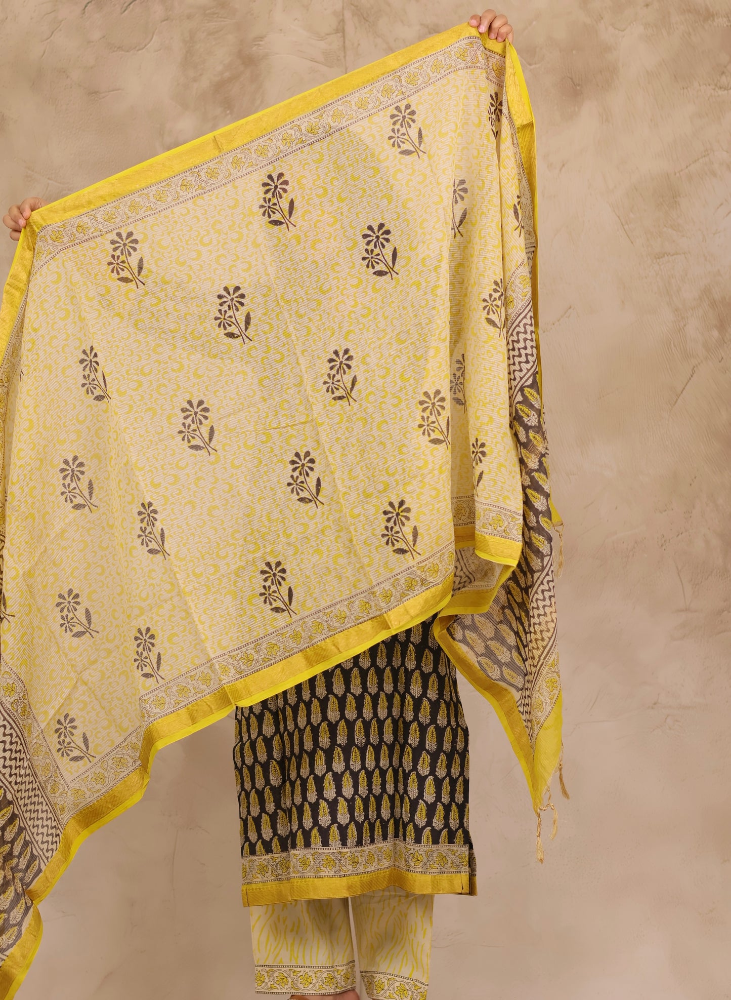 Black & Lemon Yellow Handblock printed Pure Maheswari Silk 3 piece suit (stitched)