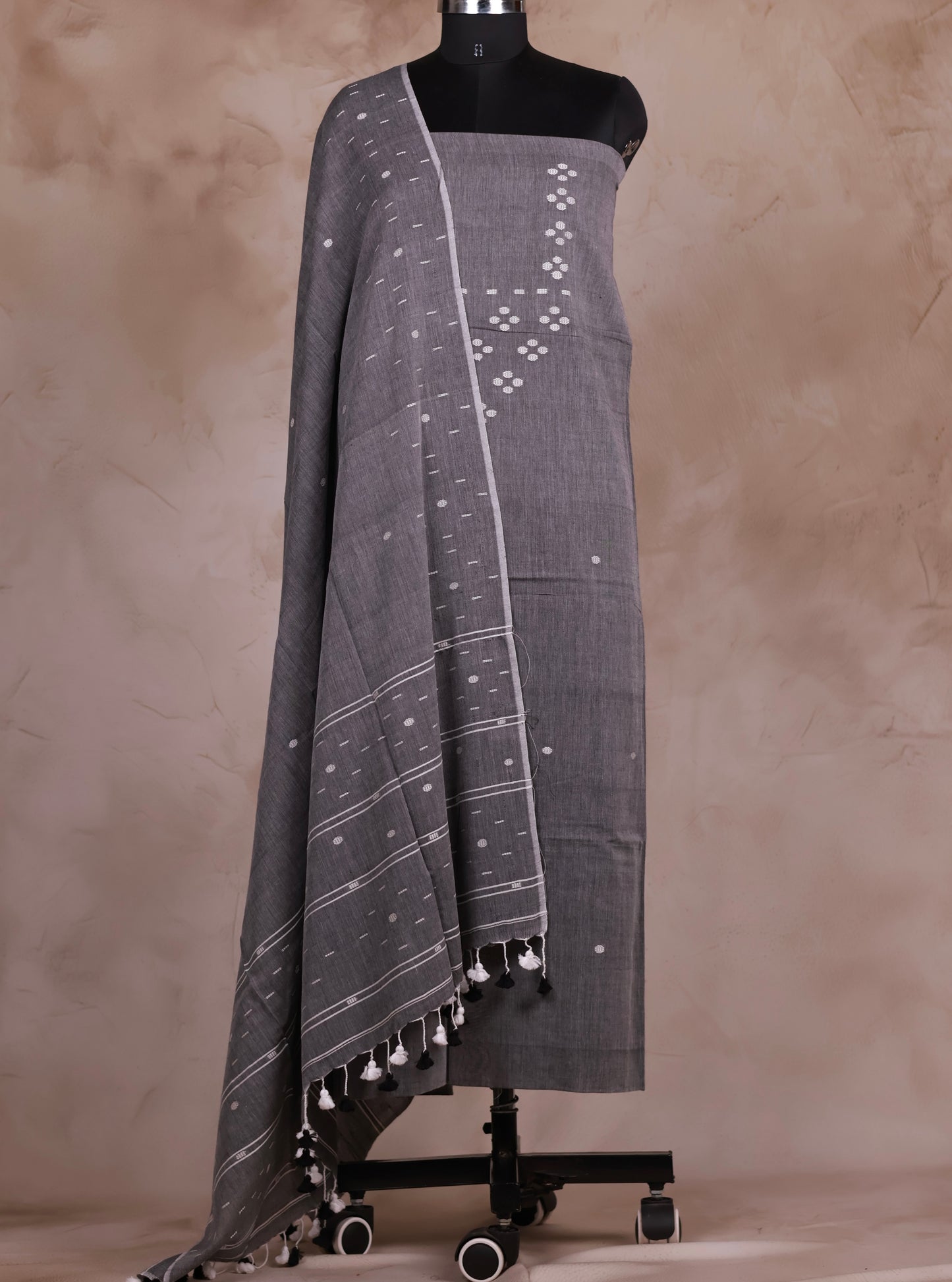 Grey Handwoven Jamdhani weaving pure Malai cotton 2 piece suit sets | Looms & Tassels
