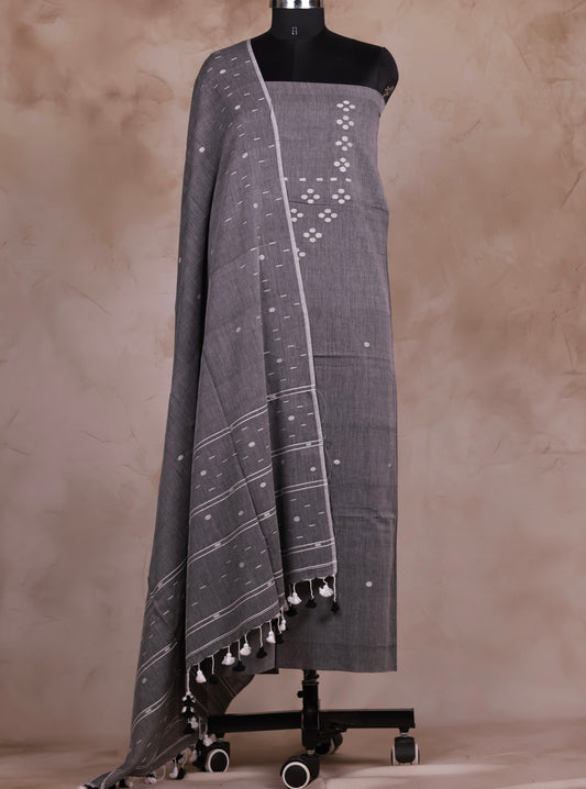 Grey Handwoven Jamdhani weaving pure Malai cotton 2 piece suit sets | Looms & Tassels