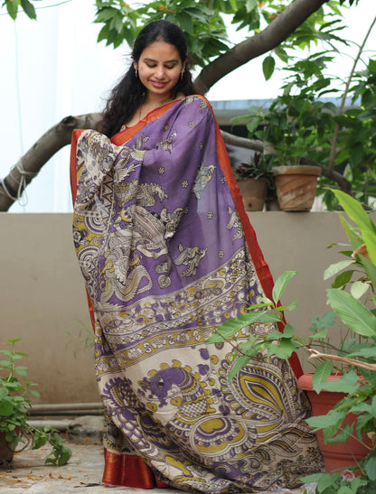 Lavender Kanchi border Kalamkari chennur silk saree