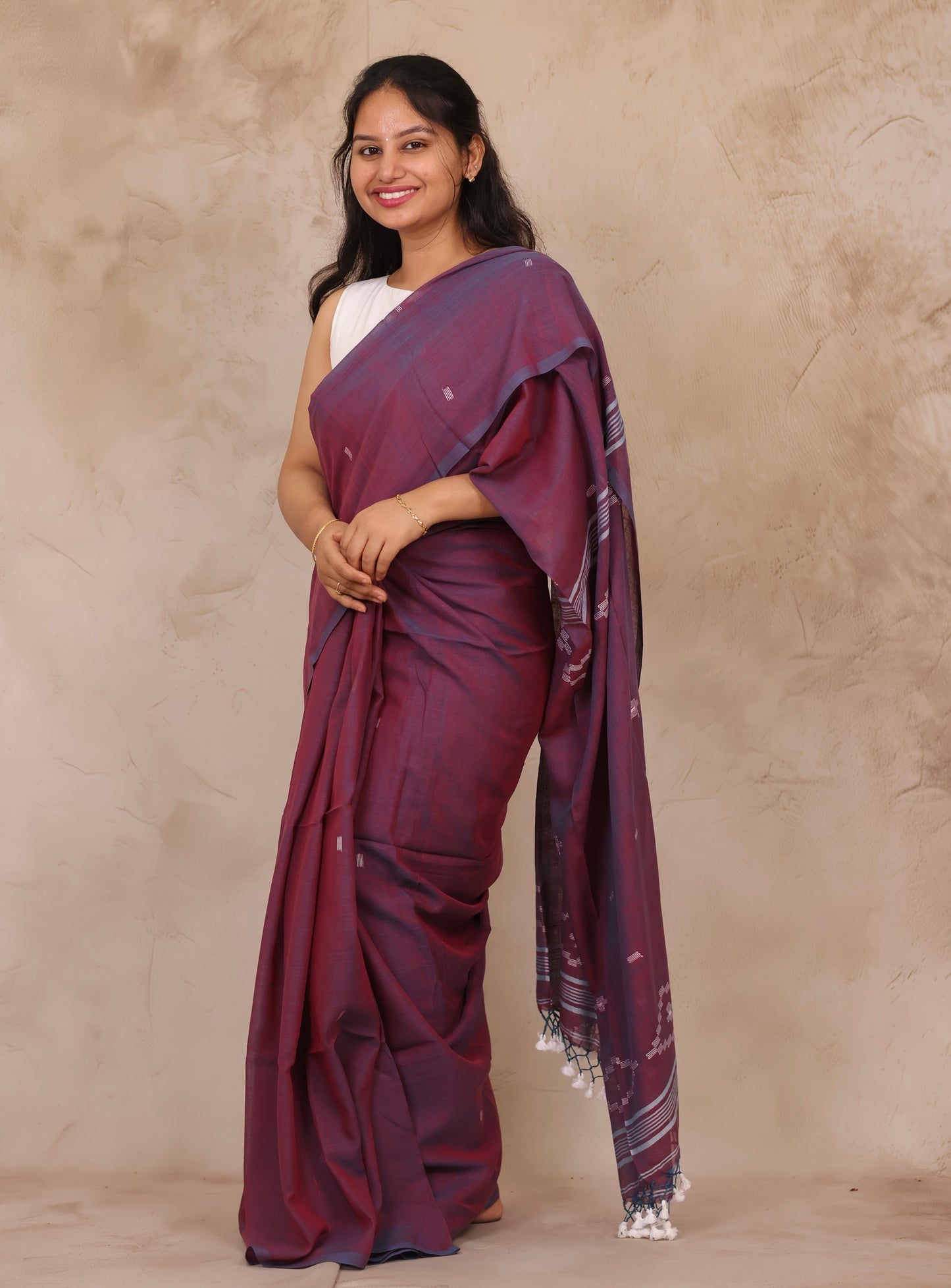 Dual Shade Purple Malai Cotton Saree with Butta Weaving | Looms & Tassels