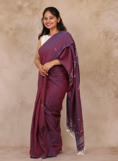 Dual Shade Purple Malai Cotton Saree with Butta Weaving | Looms & Tassels