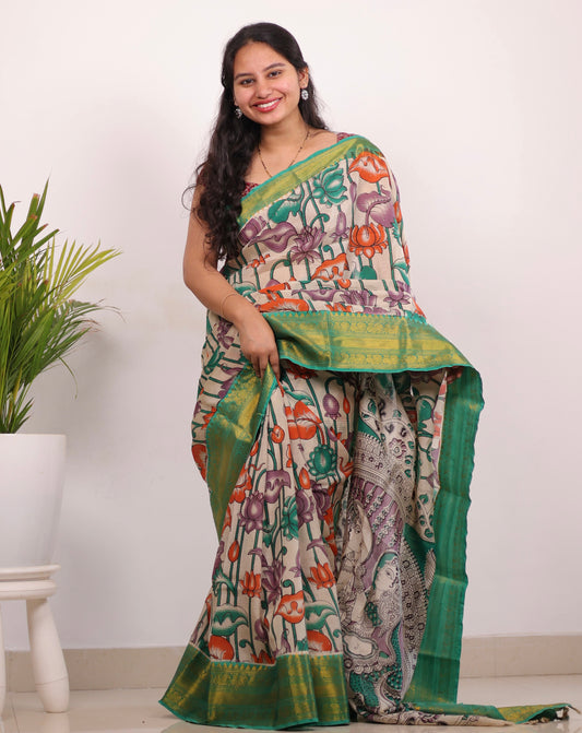 Cream & Green Kanchi border Kalamkari chennur silk saree
