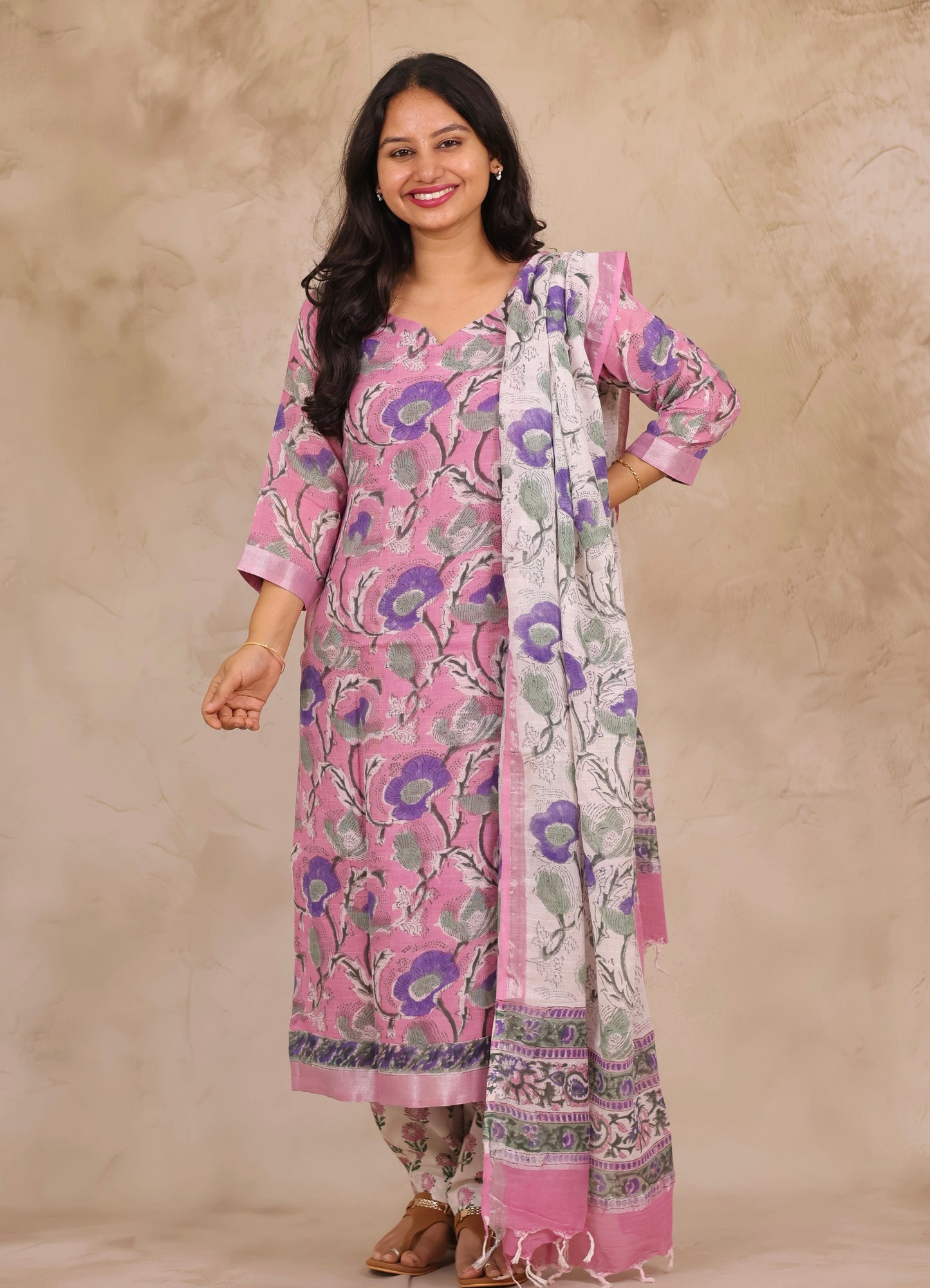 Pastel Pink Linen Cotton Handblock printed 3 piece suit (stitched)