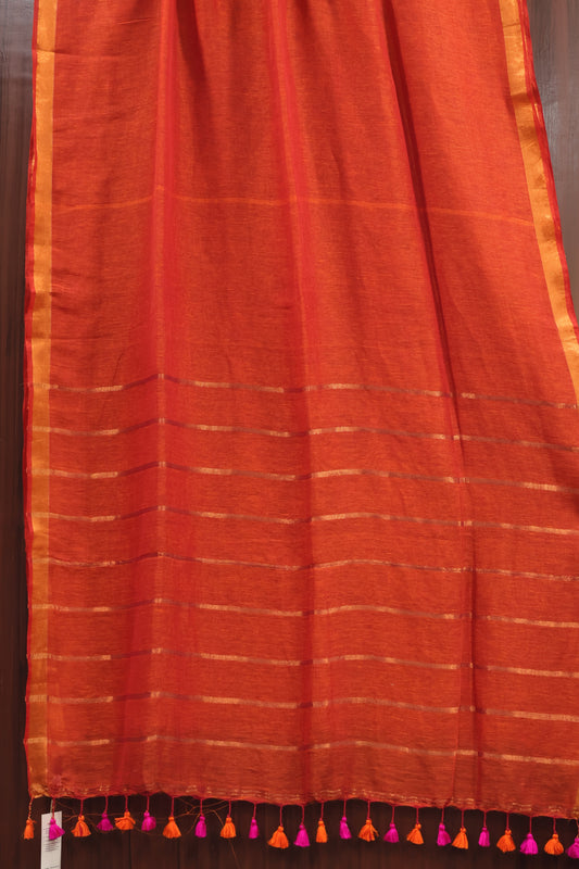 Orange Pure Handwoven Linen Saree