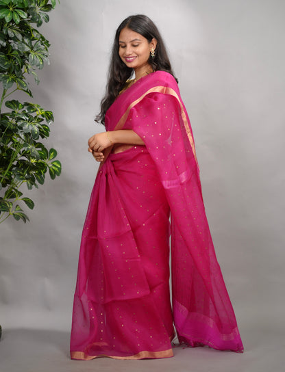 Pink Handwoven Muslin Silk Saree With Sequence Work | Looms & Tassels