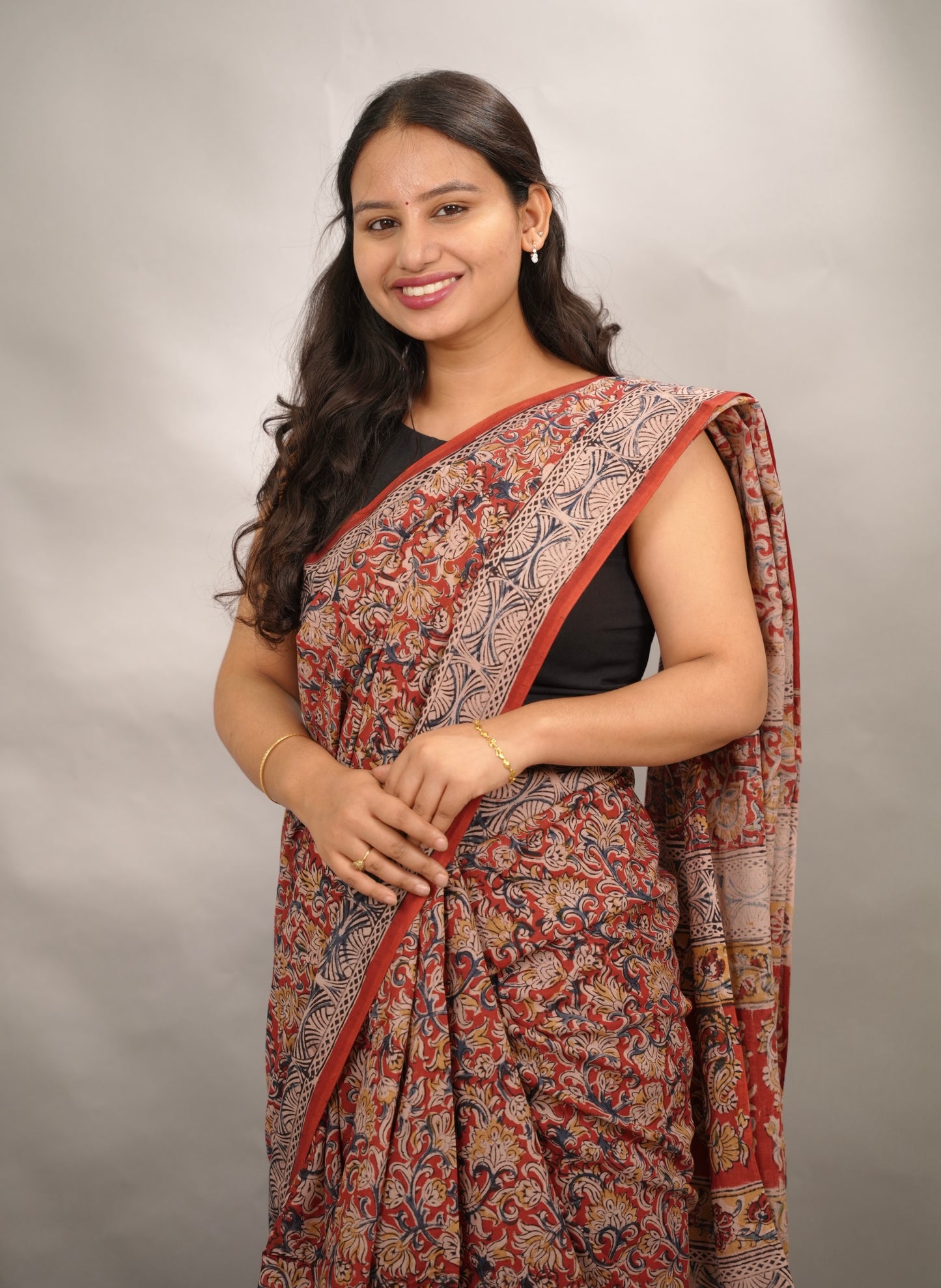 Red Hand Block Printed Kalamkari Cotton Saree | Looms & Tassels