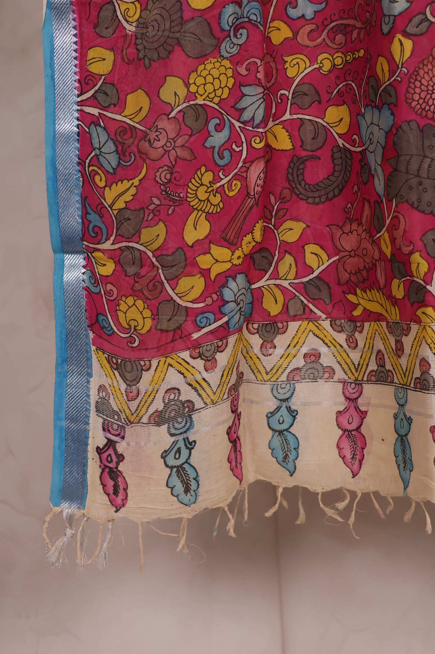 Pink Pen Kalamkari Mangalagiri silk Dupatta
