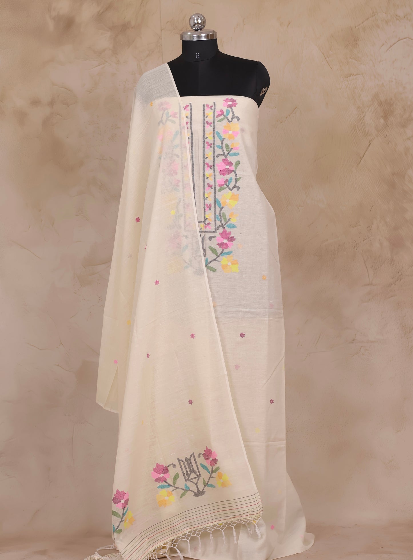 Off White Handwoven Jamdhani weaving pure Malai cotton 2 piece suit sets | Looms & Tassels