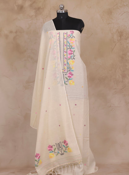 Off White Handwoven Jamdhani weaving pure Malai cotton 2 piece suit sets | Looms & Tassels