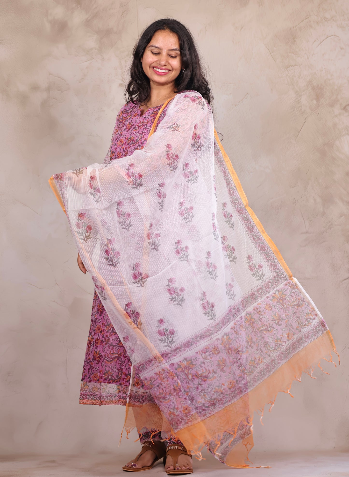 Pink Sangneri Handblock printed kota 3 piece suit (stitched)