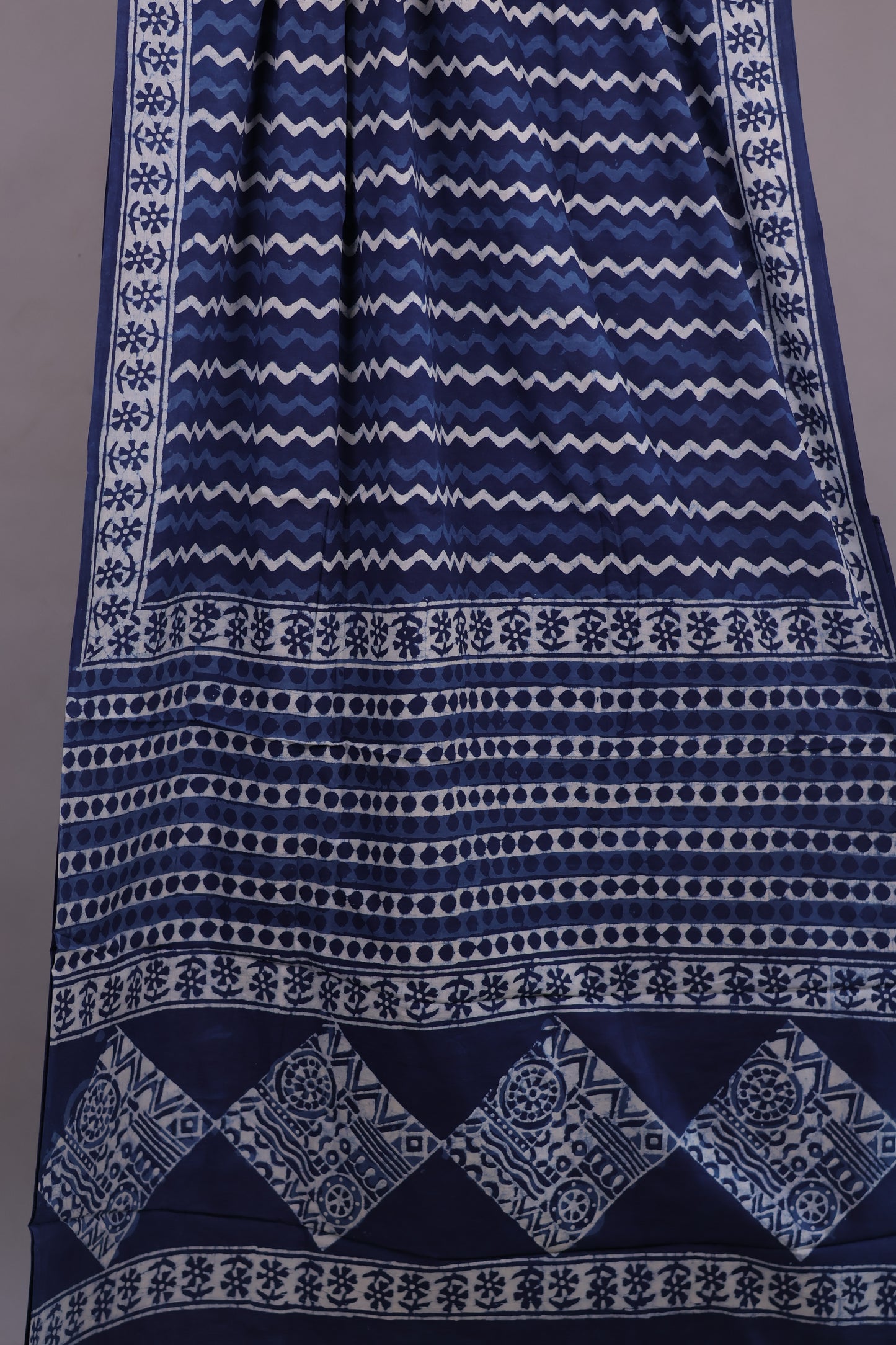Indigo Bagru Handblock printed MulMul cotton saree