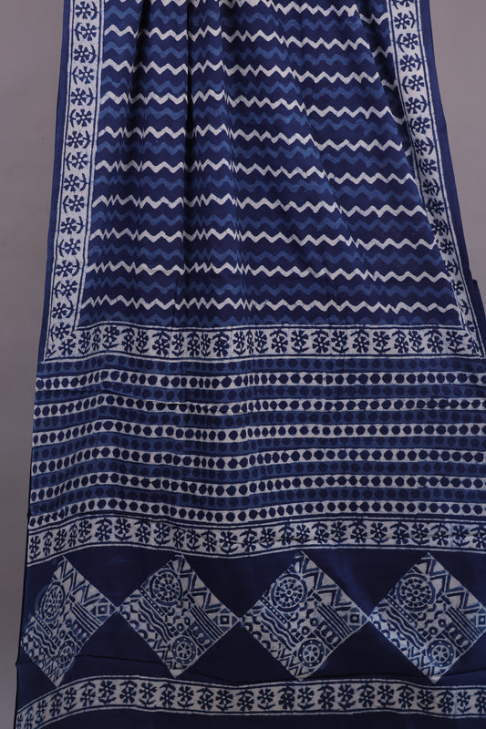 Indigo Bagru Handblock printed MulMul cotton saree