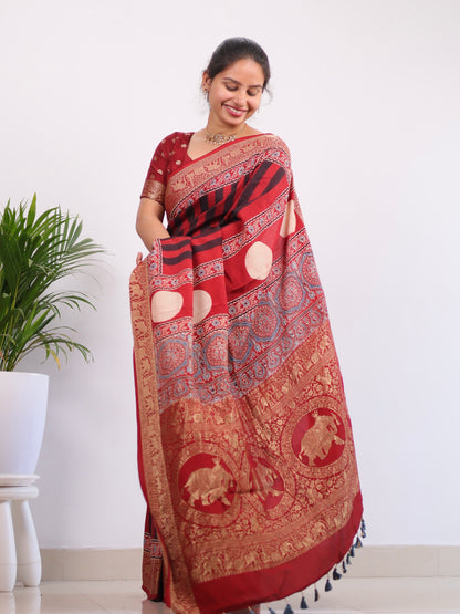 Ajrakh Dola Silk Saree