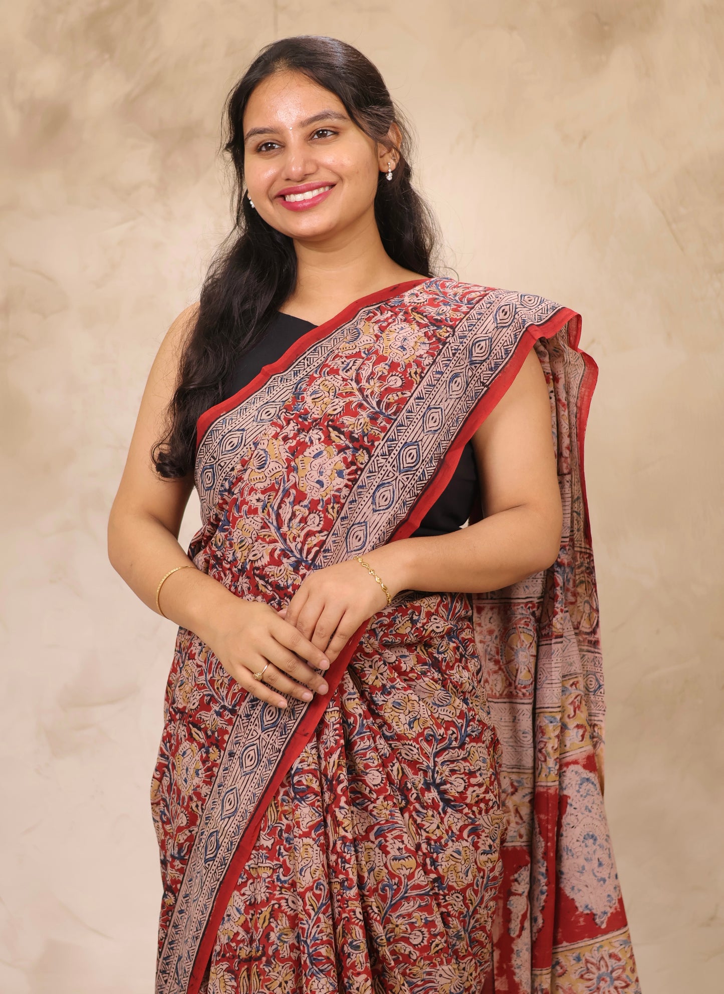 Maroon Hand Block Printed Kalamkari Cotton Saree | Looms & Tassels