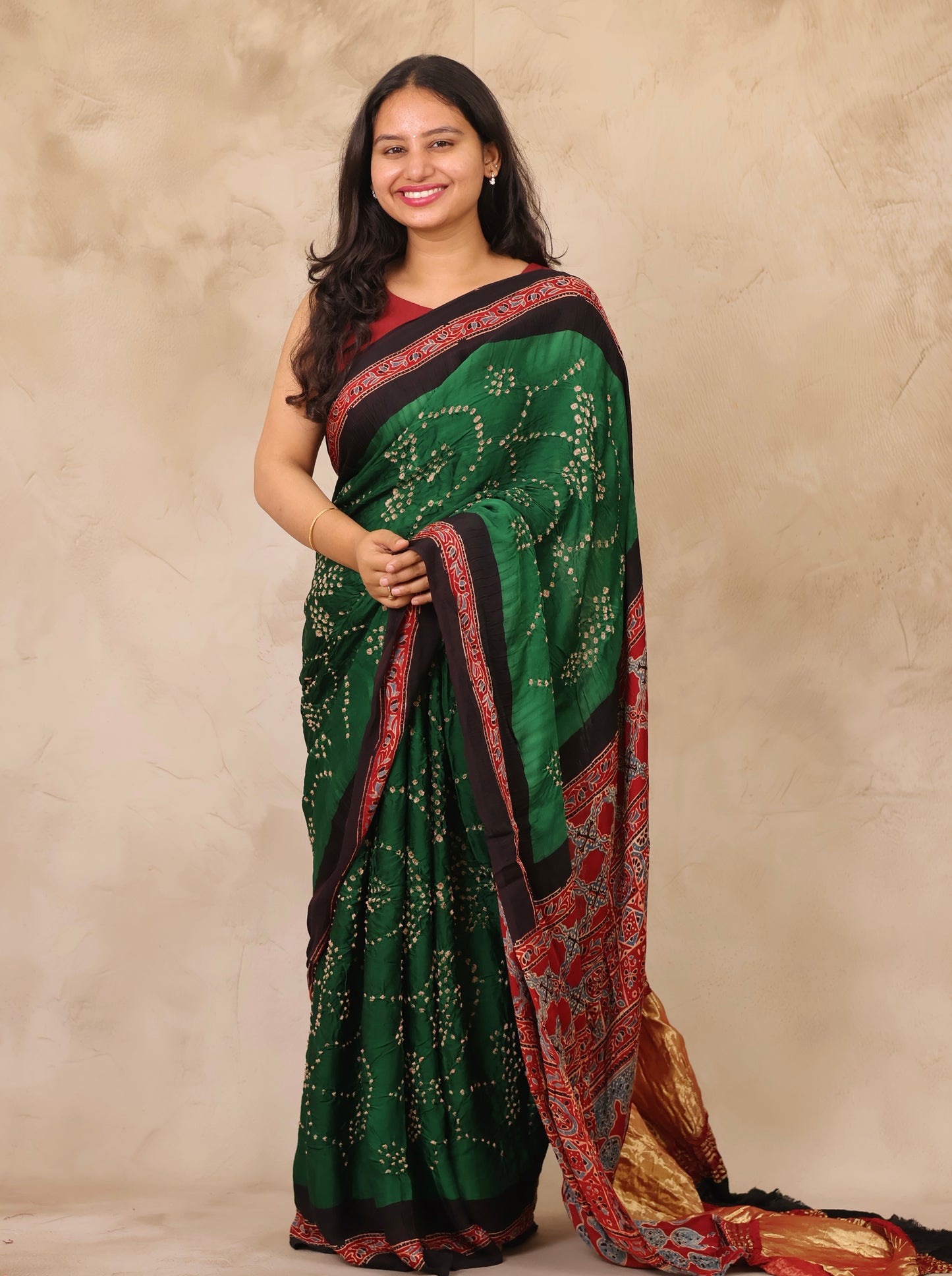 Green Hand Knotted Bandhej Arakh Modal Silk Saree with Lagdi Pallu | Looms & Tassels