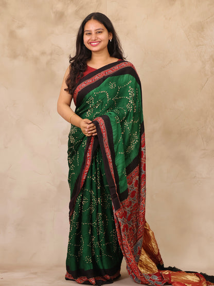 Green Hand Knotted Bandhej Arakh Modal Silk Saree with Lagdi Pallu | Looms & Tassels