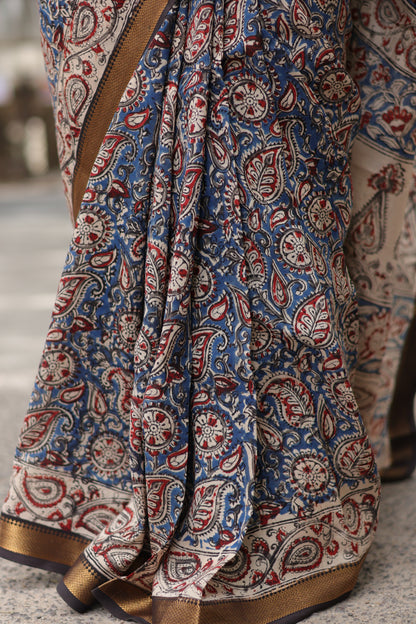 Blue Hand Block Printed Kalamkari Nizam Border Silk Sare