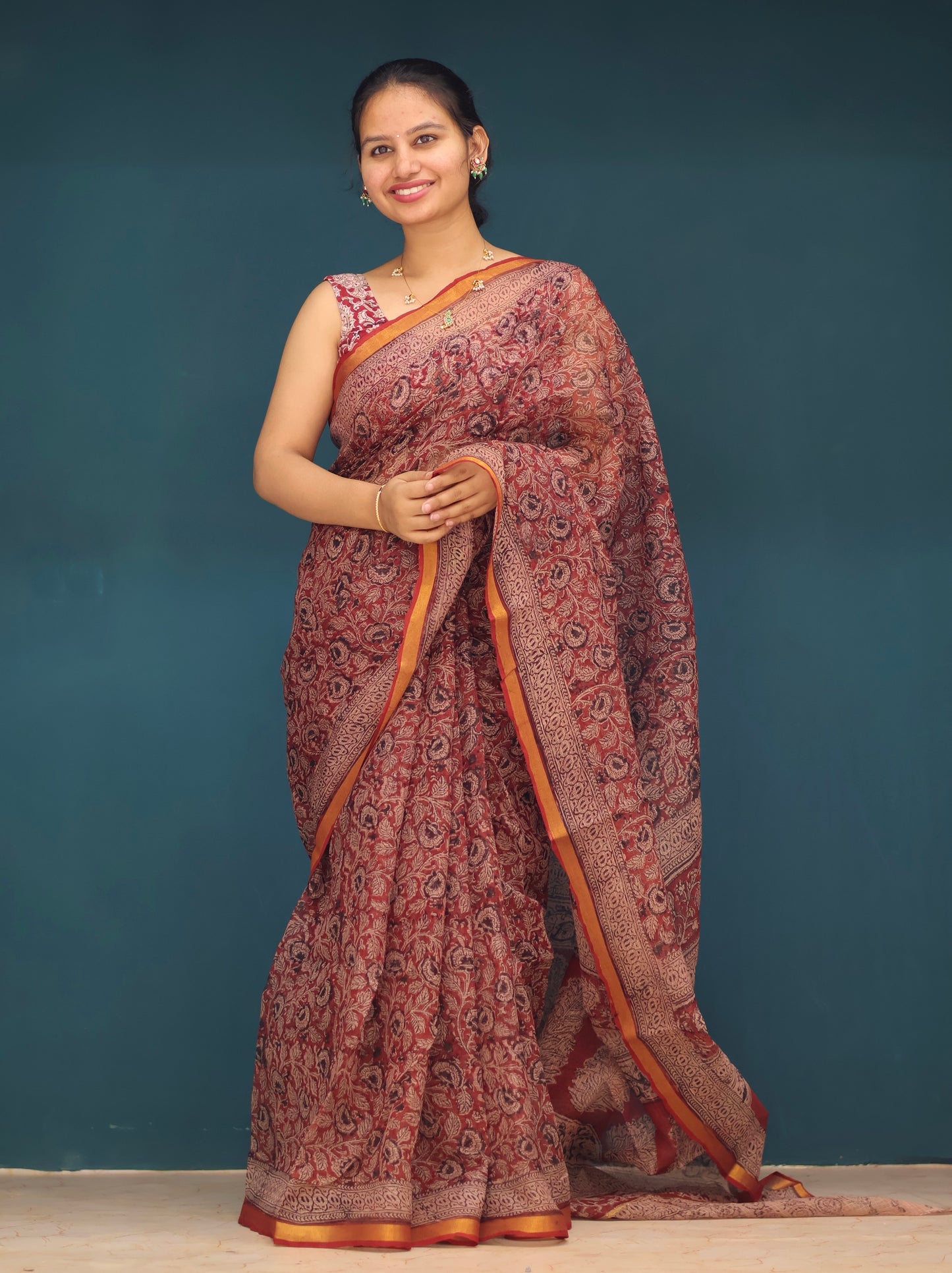 Red Kalamkari Hand block printed Kota Doria Saree