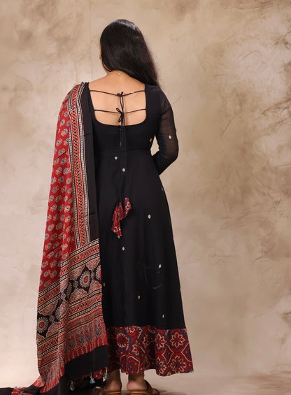 Black Ajrakh Patch Work Narayanpet Cotton Anarkali Dress with Ajrakh Modal Silk Dupatta | Looms & Tassels