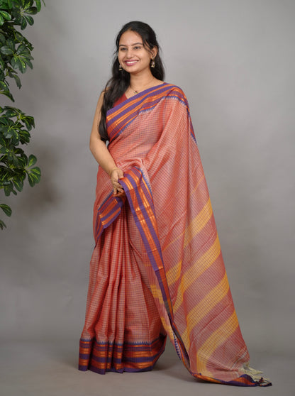 Onion Pink Checks Narayanpet Cotton Saree with Traditional contrast Border | Looms & Tassels