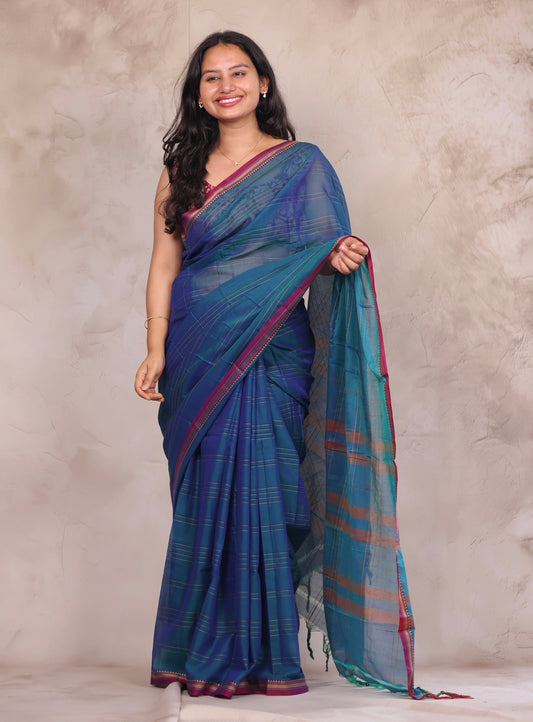 Peacock Blue Narayanpet Cotton Saree lines weaving  | Looms & Tassels