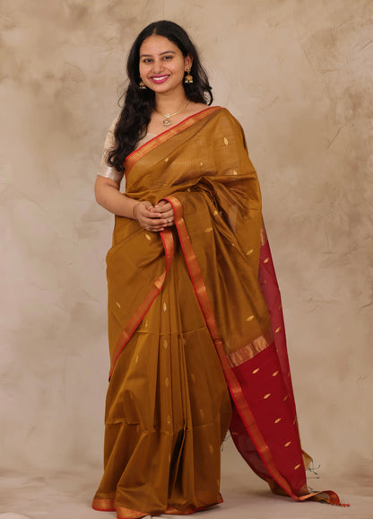 Golden Mustard Handloom Maheswari Silk Cotton Sarees | Looms & Tassels