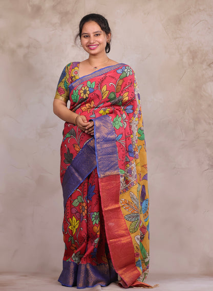 Hand Drawn Pen Kalamkari Pink And Blue Bangalore Silk Kanchi Border Saree | Looms & Tassels