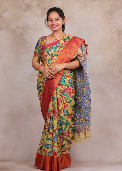 Hand Drawn Pen Kalamkari Light Yellow And Red Bangalore Silk Kanchi Border Saree | Looms & Tassels