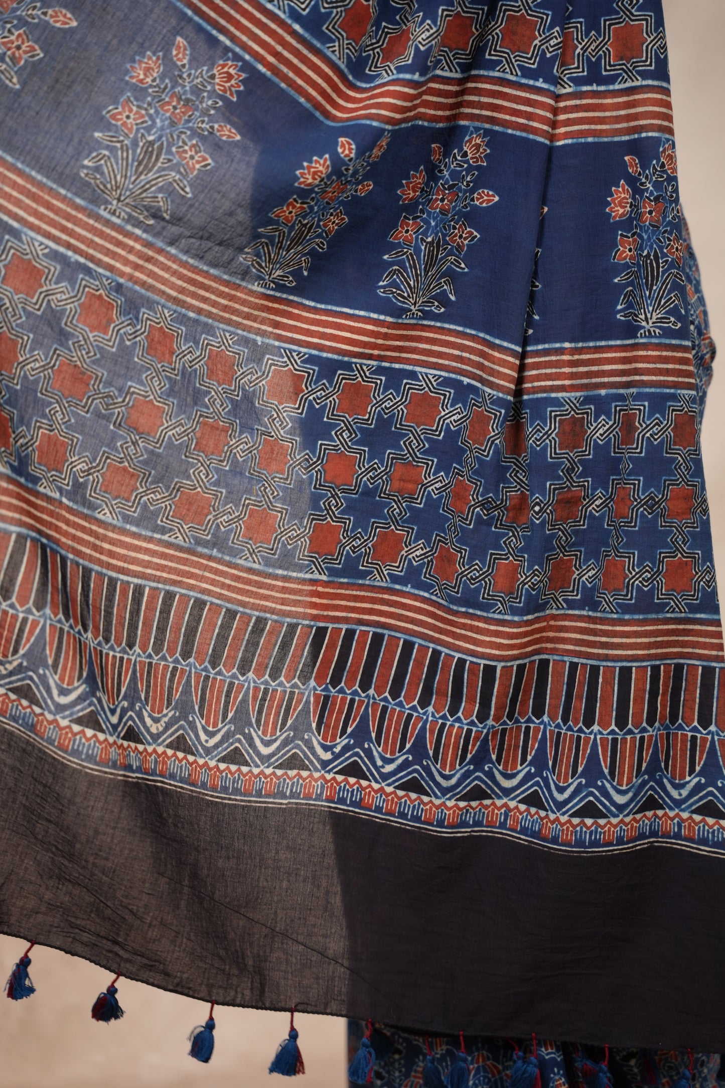 Indigo Ajrakh Hand Block Printed Cotton Saree | Looms & Tassels