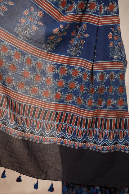 Indigo Ajrakh Hand Block Printed Cotton Saree | Looms & Tassels
