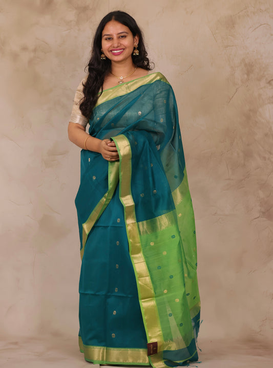 Rama Green Handloom Maheswari Silk Cotton Sarees | Looms & Tassels